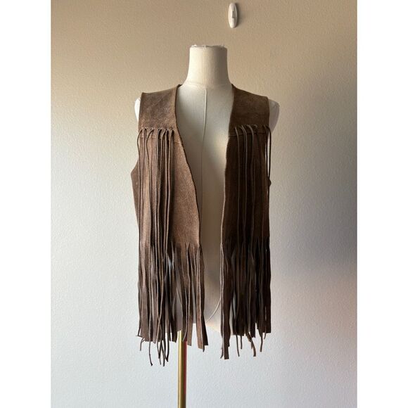 vintage 60s 70s tan genuine suede leather fringe vest - Picture 2 of 6